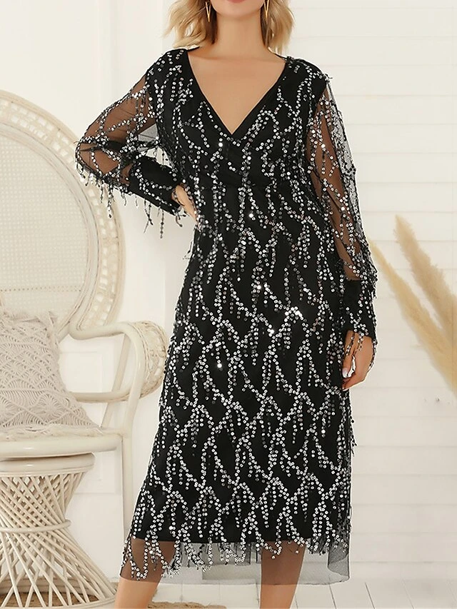 Women's Prom Dress Party Dress Fringe Dress Long Dress Maxi Dress Black Beige Long Sleeve Pure Color Sequins Summer Spring V Neck Party 2023 S M L XL 2XL 7 Women's Prom Dress Party Dress Fringe Dress Long Dress Maxi Dress Black Beige Long Sleeve Pure Color Sequins Summer Spring V Neck Party 2023 S M L XL 2XL - Image 7