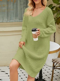 Women's Sweater Dress Winter Dress Jumper Dress Midi Dress Split Daily Date Going Out Active Fashion V Neck Long Sleeve 2023 Loose Fit Black White Camel Color S M L XL XXL Size -Party Prom Dresses Sales Store gidflv1692858978111
