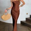 Women‘s Prom Party Dress Wedding Guest Stain Maxi Long Dress Pink Yellow Brown Sleeveless Pure Color Backless Spring Summer Strapless Sexy Mature Party Slim 2023 S M L