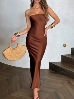 Women‘s Prom Party Dress Wedding Guest Stain Maxi Long Dress Pink Yellow Brown Sleeveless Pure Color Backless Spring Summer Strapless Sexy Mature Party Slim 2023 S M L