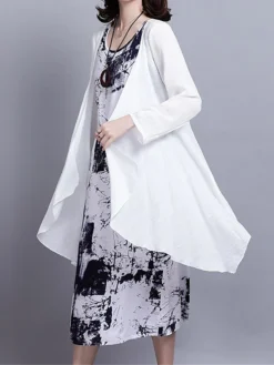 Women's Two Piece Dress Set Casual Dress Cotton Linen Dress Daily Holiday Fashion Streetwear Pocket Drawstring Midi Dress Crew Neck Long Sleeve Painting Print Loose Fit Black Dark Blue Fall Winter M -Party Prom Dresses Sales Store giweoe1694068676504