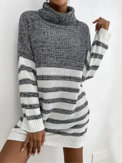 Women's Sweater Dress Winter Dress Jumper Dress Mini Dress Patchwork Ribbed Daily Date Going Out Fashion Basic Turtleneck Long Sleeve 2023 Loose Fit Gray Color S M L Size -Party Prom Dresses Sales Store gixlmu1695032170812