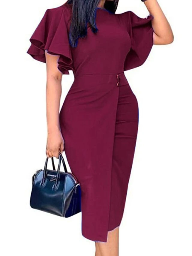 Women's Party Dress Shift Dress Green Dress Midi Dress Wine Blue Purple Short Sleeve Pure Color Ruffle Summer Spring Crew Neck Stylish Slim 2023 S M L XL XXL 3XL 8 Women's Party Dress Shift Dress Green Dress Midi Dress Wine Blue Purple Short Sleeve Pure Color Ruffle Summer Spring Crew Neck Stylish Slim 2023 S M L XL XXL 3XL - Image 8