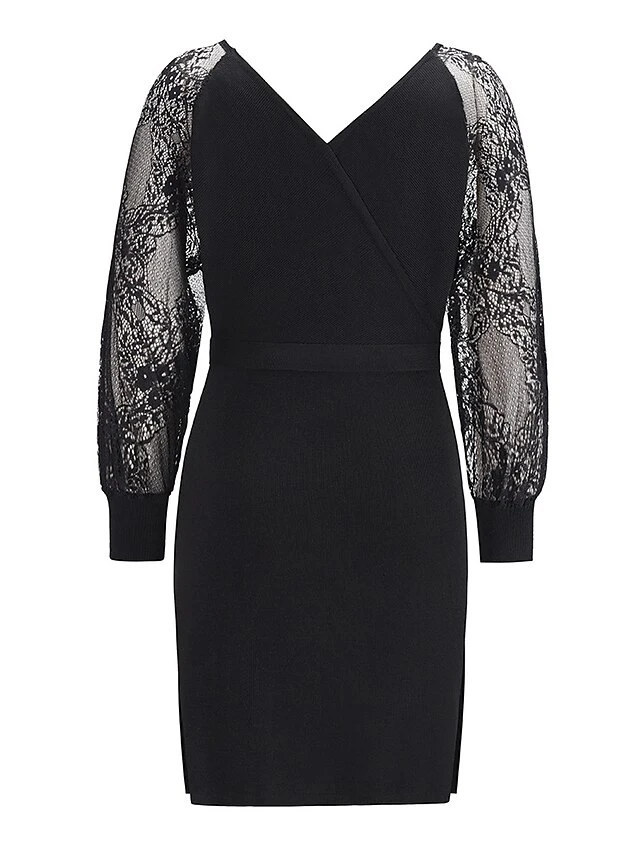 Women's Sweater Dress Knee Length Dress Blue Wine Khaki Black Long Sleeve Pure Color Lace Patchwork Fall Winter V Neck Elegant Sexy 2022 S M L XL XXL 7 Women's Sweater Dress Knee Length Dress Blue Wine Khaki Black Long Sleeve Pure Color Lace Patchwork Fall Winter V Neck Elegant Sexy 2022 S M L XL XXL - Image 7