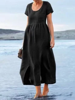 Women's Casual Dress Cotton Linen Dress Maxi Long Dress Polyester Daily Casual Daily Outdoor Home Daily Crew Neck Ruched Pocket Short Sleeve Summer Spring 2023 Regular Fit Black Yellow Plain S M L XL -Party Prom Dresses Sales Store gjtqky1689760737033