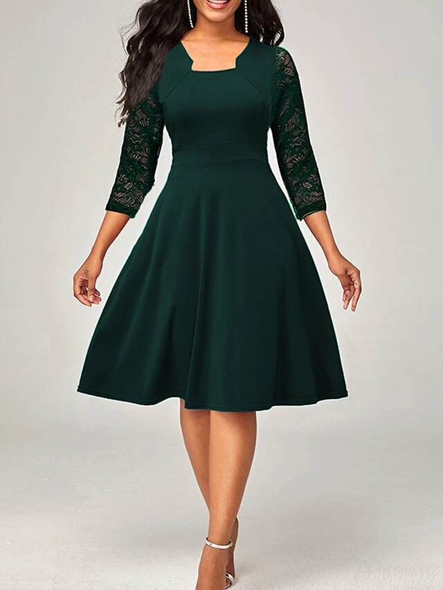 Women's Work Dress Party Dress Swing Dress Fashion Lace Sleeve Midi Dress Lace Square Neck 3/4 Length Sleeve Plain Slim Black Wine Red Summer Spring S M L XL XXL 3 Women's Work Dress Party Dress Swing Dress Fashion Lace Sleeve Midi Dress Lace Square Neck 3/4 Length Sleeve Plain Slim Black Wine Red Summer Spring S M L XL XXL - Image 3