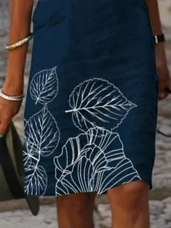 Women's Casual Dress Cotton Linen Dress Shift Dress Midi Dress Cotton Blend Fashion Casual Outdoor Daily Vacation Stand Collar Button Print Short Sleeve Summer Spring 2023 Regular Fit Navy Blue Leaf -Party Prom Dresses Sales Store gjzwro1679380178302