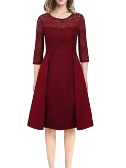 Women's Party Dress Lace Dress Swing Dress Mini Dress Black Wine Blue 3/4 Length Sleeve Pure Color Lace Spring Fall Winter Crew Neck Fashion Party Spring Dress 2023 S M L XL XXL 3XL 4XL -Party Prom Dresses Sales Store gkbtvx1671604317362
