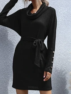 Women‘s Christmas Sweater Dress Jumper Dress Winter Dress Fashion Party Outdoor Christmas Street Crew Neck Long Sleeve Lace Up Ruched 2023 Loose Fit Black Wine S M L XL -Party Prom Dresses Sales Store gkeaxm1695120158342