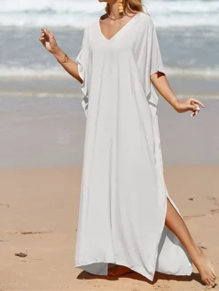 Women's White Dress A Line Dress Cover Up Long Dress Maxi Dress Cotton Basic Casual Outdoor Daily Vacation V Neck Split 3/4 Length Sleeve Summer Spring Fall 2022 Loose Fit Black White Yellow Plain -Party Prom Dresses Sales Store gkfoam1672828144623