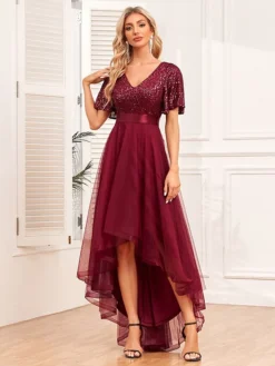 Women‘s Christmas Party Dress Sequin Dress Red Dress Long Dress Maxi Dress Wine Short Sleeve Pure Color Mesh Sparkly Glitter Summer Spring Fall V Neck Fashion Wedding Guest Summer Dress Loose -Party Prom Dresses Sales Store gkncob1693983264935