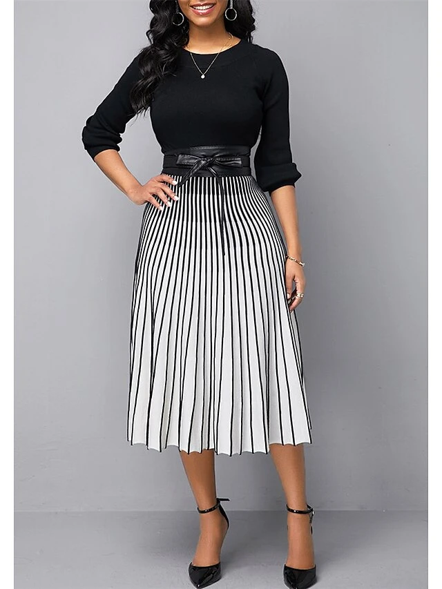 Women's A Line Dress Modern Dress Church Dress Midi Dress Black Long Sleeve Striped Patchwork Summer Spring Crew Neck Elegant Winter Dress Fall Dress 2023 S M L XL 2XL 3XL 4XL 5XL 2 Women's A Line Dress Modern Dress Church Dress Midi Dress Black Long Sleeve Striped Patchwork Summer Spring Crew Neck Elegant Winter Dress Fall Dress 2023 S M L XL 2XL 3XL 4XL 5XL - Image 2