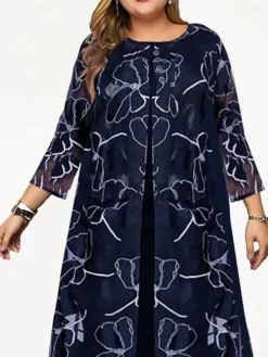 Women's Plus Size Two Piece Dress Set Casual Dress Chiffon Dress Outdoor Daily Fashion Elegant Print Midi Dress Crew Neck 3/4 Length Sleeve Floral Regular Fit Navy Blue Fall Winter L XL XXL 3XL 4XL -Party Prom Dresses Sales Store gkrdme1697003813832