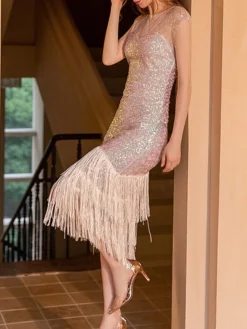 Women‘s Party Dress Fringe Dress Sequin Dress Black Dress Midi Dress White Champagne Short Sleeve Pure Color Sparkly Glitter Sequins Spring Fall Winter Crew Neck Fashion Wedding Guest Birthday -Party Prom Dresses Sales Store glgygj1692178315789