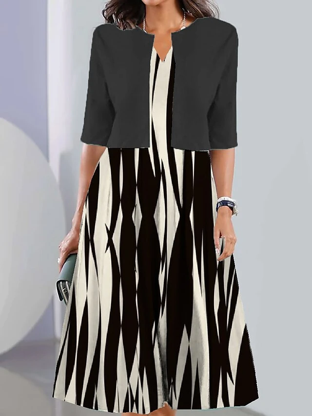 Women's Two Piece Dress Set Casual Dress Print Dress Outdoor Daily Fashion Elegant Print Midi Dress V Neck Half Sleeve Geometric Color Block Regular Fit Black White Navy Blue Summer Spring S M L XL 4 Women's Two Piece Dress Set Casual Dress Print Dress Outdoor Daily Fashion Elegant Print Midi Dress V Neck Half Sleeve Geometric Color Block Regular Fit Black White Navy Blue Summer Spring S M L XL - Image 4