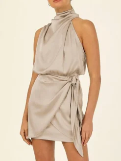 Women's Party Dress Homecoming Dress Cocktail Dress Mini Dress Black Champagne Light Green Sleeveless Pure Color Lace Up Spring Fall Winter Halter Neck Fashion Wedding Guest Birthday Vacation Loose -Party Prom Dresses Sales Store gmijil1693535343596