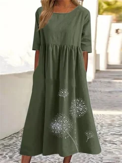 Women's Casual Dress Cotton Linen Dress Swing Dress Midi Dress Cotton Blend Basic Casual Outdoor Daily Vacation Crew Neck Ruched Pocket Half Sleeve Summer Spring Fall 2023 Loose Fit ArmyGreen Black -Party Prom Dresses Sales Store gmlxjd1678263978982