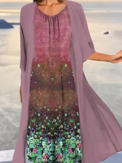 Women's Two Piece Dress Set Casual Dress Print Dress Outdoor Daily Fashion Elegant Print Midi Dress Crew Neck 3/4 Length Sleeve Floral Ombre Loose Fit Light Green Blue Purple Summer Spring S M L XL -Party Prom Dresses Sales Store gmrqhp1690857725500