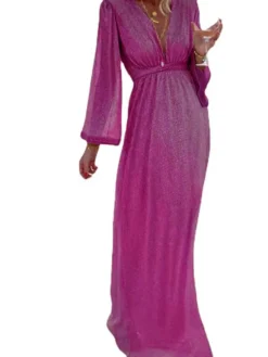 Women's Party Dress Sequin Dress Holiday Dress Long Dress Maxi Dress Beige Long Sleeve Pure Color Shimmer Spring Fall Winter V Neck Fashion Party Winter Dress Birthday Slim 2023 S M L XL 2XL 3XL -Party Prom Dresses Sales Store gmyezx1675862209448