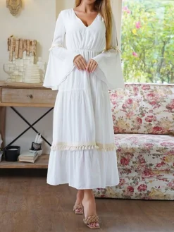 Women's Party Dress Cocktail Dress Wedding Guest Dress Midi Dress White Long Sleeve Pure Color Tassel Fringe Fall Winter Autumn V Neck Fashion Birthday Wedding Guest Vacation 2023 S M L XL -Party Prom Dresses Sales Store gnfvgs1693983144914