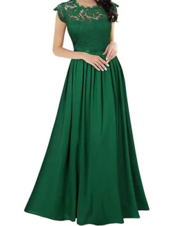 Women's Prom Dress Party Dress Lace Dress Long Dress Maxi Dress Black Wine Navy Blue Short Sleeve Pure Color Lace Summer Spring Fall Crew Neck Party Wedding Guest Vacation Fall Dress 2023 S M L XL 2XL