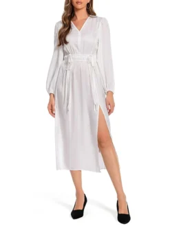 Women's Work Dress Satin Dress White Dress Fashion Midi Dress Drawstring Split V Neck Long Sleeve Plain Loose Fit White Fall Winter S M L XL XXL