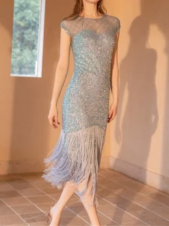 Women‘s Party Dress Fringe Dress Sequin Dress Black Dress Midi Dress White Champagne Short Sleeve Pure Color Sparkly Glitter Sequins Spring Fall Winter Crew Neck Fashion Wedding Guest Birthday -Party Prom Dresses Sales Store gofyex1692178320235