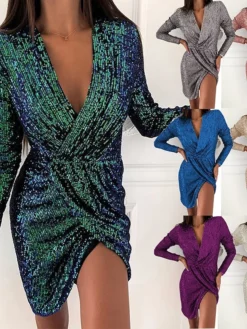 Women's Party Dress Sequin Dress Sheath Dress Mini Dress Silver Black Pink Long Sleeve Pure Color Sequins Fall Winter Autumn V Neck Fashion Party Winter Dress Birthday 2022 S M L XL XXL 3XL 4XL 5XL