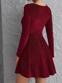 Women's Party Dress Velvet Dress Wedding Guest Dress Mini Dress Wine Long Sleeve Pure Color Ruched Spring Fall Winter Square Neck Fashion Winter Dress Evening Party Wedding Guest 2023 S M L XL -Party Prom Dresses Sales Store gonoiv1692588653696