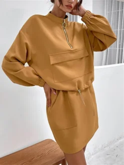 Women's Two Piece Dress Set Casual Dress Skirt Set Outdoor Daily Streetwear Modern Pocket Mini Dress Stand Collar Long Sleeve Plain Loose Fit Khaki Fall Winter S M L XL