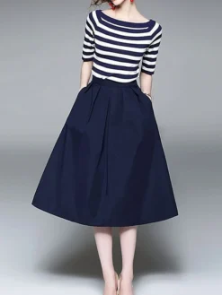 Women's Two Piece Dress Set Casual Dress Skirt Set Daily Going Out Fashion Streetwear Ribbed Print Midi Dress Crew Neck Short Sleeve Stripe Slim Blue Fall S M L XL XXL