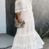 Women's Long Dress Maxi Dress Party Dress Lace Dress Swing Dress Floral Fashion Elegant Dress Daily Vacation Going Out Lace Mesh Half Sleeve Off Shoulder Dress Slim White Summer Spring S M L XL