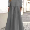 Women's Casual Dress Cotton Linen Dress Swing Dress Midi Dress Cotton Blend Basic Classic Outdoor Daily Vacation Crew Neck Pocket Long Sleeve Summer Spring Fall 2023 Loose Fit Black Gray Plain S M L