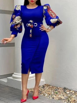 Women‘s Sheath Dress Knee Length Dress Black White Yellow Long Sleeve Floral Puff Sleeve Winter Fall Autumn Crew Neck Party Winter Dress Fall Dress Slim 2023 S M L XL XXL XXXL -Party Prom Dresses Sales Store gscwqw1624268743430