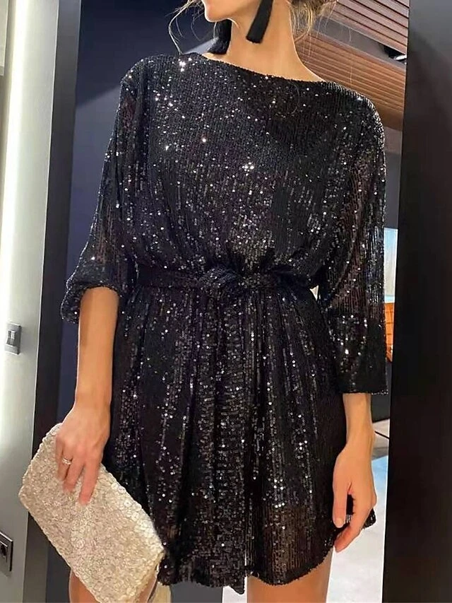 Women's Party Dress Sequin Dress Black Dress Homecoming Cocktail Dress Mini Dress Silver White Long Sleeve Pure Color Sparkly Glitter Lace Up Winter Dress 4 Women's Party Dress Sequin Dress Black Dress Homecoming Cocktail Dress Mini Dress Silver White Long Sleeve Pure Color Sparkly Glitter Lace Up Winter Dress - Image 4