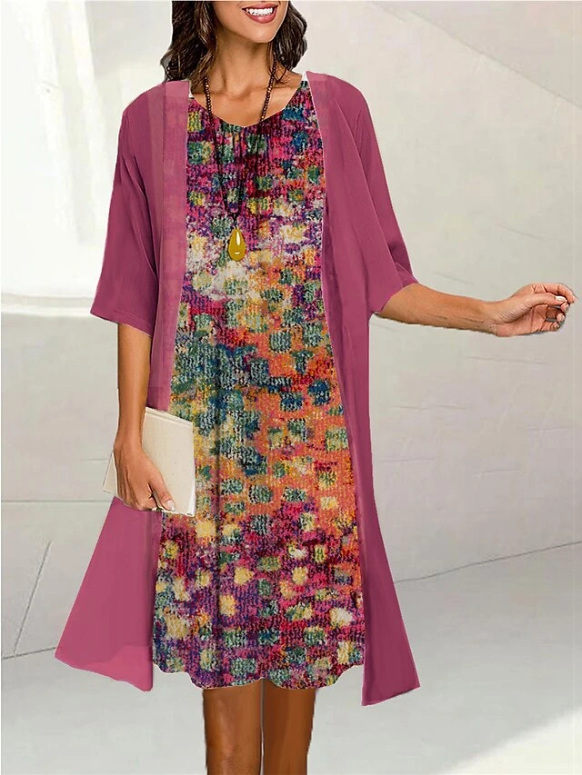 Women's Two Piece Dress Set Casual Dress Print Dress Outdoor Daily Fashion Elegant Print Midi Dress Crew Neck 3/4 Length Sleeve Floral Loose Fit Black Yellow Purple Summer Spring S M L XL XXL 5 Women's Two Piece Dress Set Casual Dress Print Dress Outdoor Daily Fashion Elegant Print Midi Dress Crew Neck 3/4 Length Sleeve Floral Loose Fit Black Yellow Purple Summer Spring S M L XL XXL - Image 5