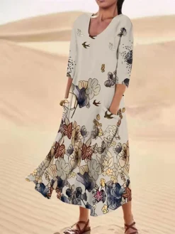 Women's Casual Dress Cotton Linen Dress Midi Dress Polyester Fashion Casual Daily Outdoor Daily Vacation Crew Neck Pocket Print Half Sleeve Summer Spring Fall 2023 Loose Fit ArmyGreen White Red Leaf -Party Prom Dresses Sales Store gsstue1690365371362