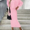 Women's Two Piece Dress Set Sweater Dress Casual Dress Outdoor Daily Fashion Streetwear Cut Out Long Dress Maxi Dress V Neck Long Sleeve Plain Regular Fit Pink Fall Winter S M L XL