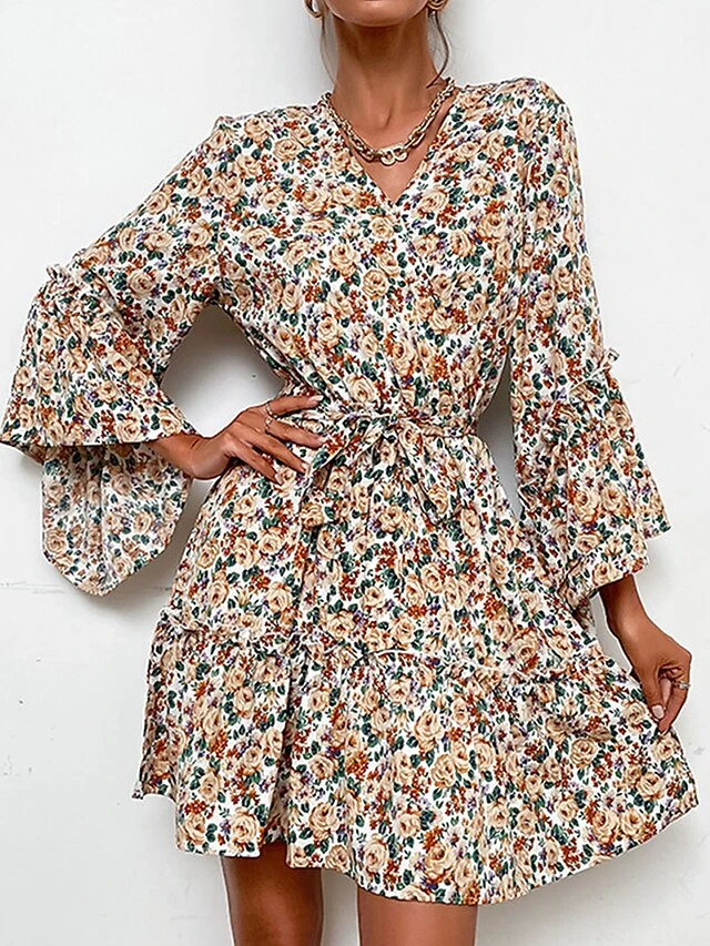 Women's Work Dress Casual Dress Sheath Dress Fashion Winter Dress Office Daily Mini Dress Lace Up Print V Neck Long Sleeve Floral Loose Fit Apricot Fall Winter S M L XL 5 Women's Work Dress Casual Dress Sheath Dress Fashion Winter Dress Office Daily Mini Dress Lace Up Print V Neck Long Sleeve Floral Loose Fit Apricot Fall Winter S M L XL - Image 5