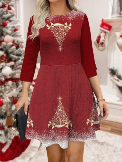 Women‘s Christmas Sweater Dress Jumper Dress Winter Dress Warm Christmas Tree Outdoor Christmas Daily Holiday Crew Neck Long Sleeve 2023 Regular Fit Wine Blue Green S M L XL XXL 3XL