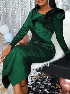 Women‘s Christmas Prom Dress Party Dress Satin Dress Long Dress Maxi Dress Red Blue Green Long Sleeve Pure Color Ruffle Spring Fall Winter Crew Neck Fashion Winter Dress Evening Party Wedding Guest -Party Prom Dresses Sales Store gtjnvm1692179650815