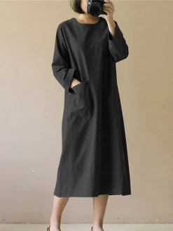 Women's Casual Dress Cotton Linen Dress Midi Dress Cotton Blend Basic Casual Outdoor Daily Vacation Crew Neck Pocket Long Sleeve Summer Spring Fall 2023 Loose Fit Black Wine Navy Blue Plain S M L XL -Party Prom Dresses Sales Store gtpejv1673848807369