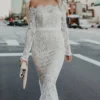 Women‘s Cocktail Party Dress Wedding Guest Dress Lace Dress Midi Dress Black White Wine Long Sleeve Pure Color Lace Winter Fall Autumn Off Shoulder Elegant Winter Dress Fall Dress 2023 S M L XL