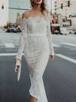 Women‘s Cocktail Party Dress Wedding Guest Dress Lace Dress Midi Dress Black White Wine Long Sleeve Pure Color Lace Winter Fall Autumn Off Shoulder Elegant Winter Dress Fall Dress 2023 S M L XL