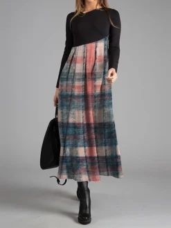 Women's Work Dress Casual Dress Swing Dress Fashion Winter Dress Daily Long Dress Maxi Dress Button Print V Neck Long Sleeve Plaid Regular Fit Yellow Red Blue Fall Winter S M L XL XXL -Party Prom Dresses Sales Store gtqiao1697524338960