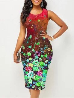 Women's Work Dress Sheath Dress Semi Formal Dress Fashion Midi Dress Print Crew Neck Sleeveless Floral Slim Pink Red Blue Summer Spring S M L XL XXL -Party Prom Dresses Sales Store gtxddi1677122661423