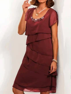 Women's Party Dress Cocktail Dress Wedding Guest Dress Midi Dress Wine Short Sleeve Pure Color Patchwork Summer Spring Fall Crew Neck Fashion Wedding Guest Vacation Summer Dress S M L XL 2XL 3XL