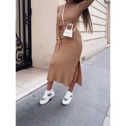 Women's Two Piece Dress Set Casual Dress Sweater Dress Outdoor Daily Fashion Streetwear Split Midi Dress Crew Neck Long Sleeve Plain Regular Fit Black White Orange Fall Winter S M L XL XXL -Party Prom Dresses Sales Store gucthk1695635367950