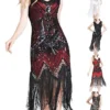 Women‘s Halloween Dress Retro 1920s Fringe Dress Midi Dress Party Outdoor Sequins Tassel Fringe Plain V Neck Sleeveless Regular Fit Summer Spring 2023 Claret Black S M L XL