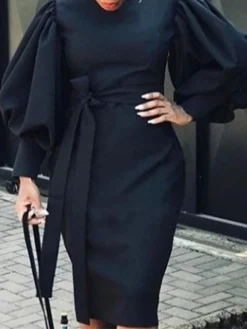 Women's Work Dress Casual Dress Sheath Dress Fashion Winter Dress Office Daily Midi Dress Lace Up Ruched Crew Neck Long Sleeve Plain Regular Fit Black White Red Fall Winter S M L XL XXL -Party Prom Dresses Sales Store gunbdn1695635304311